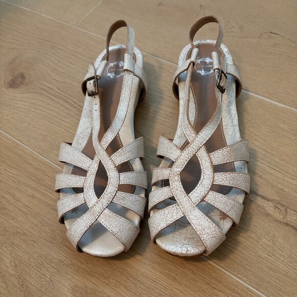 Lucky Penny Wedge Buckle Strapped Crackled Leather Sandals - Picture 1 of 8